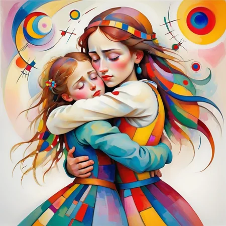 medieval girl hugging mother, (bright colors:1.2), white background, Kandinsky <lora:Kandinsky:0.8>