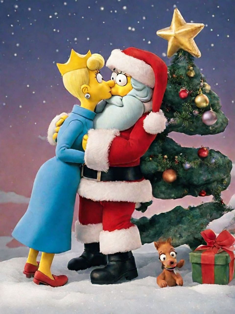 Marge Simpson kissing Santa  ClaymationX  <lora:SDXL-ClaymationX-Lora-000002:0.8>