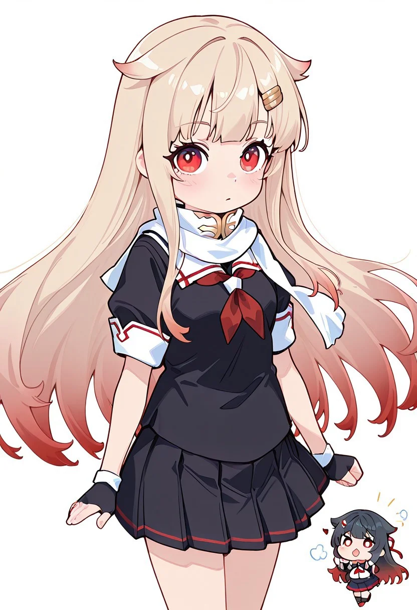 1girl,solo,looking at viewer,simple background,white background,cowboy shot,<lora:lolitirpitz(warship girls r)W-000012:1>,, masterpiece, best quality, very aesthetic, absurdres,newest, incredibly absurdres,
1girl, yuudachikaini, blonde hair, gradient hair, hair flaps, long hair, black hair ribbon, hairclip, red eyes
Yuudachi Kai Ni outfit prompts : black serafuku, fingerless gloves, neckerchief, black pleated skirt, school uniform, scarf91), year 2023,
(((((STY-CHIBI,))))
(((chibi)))