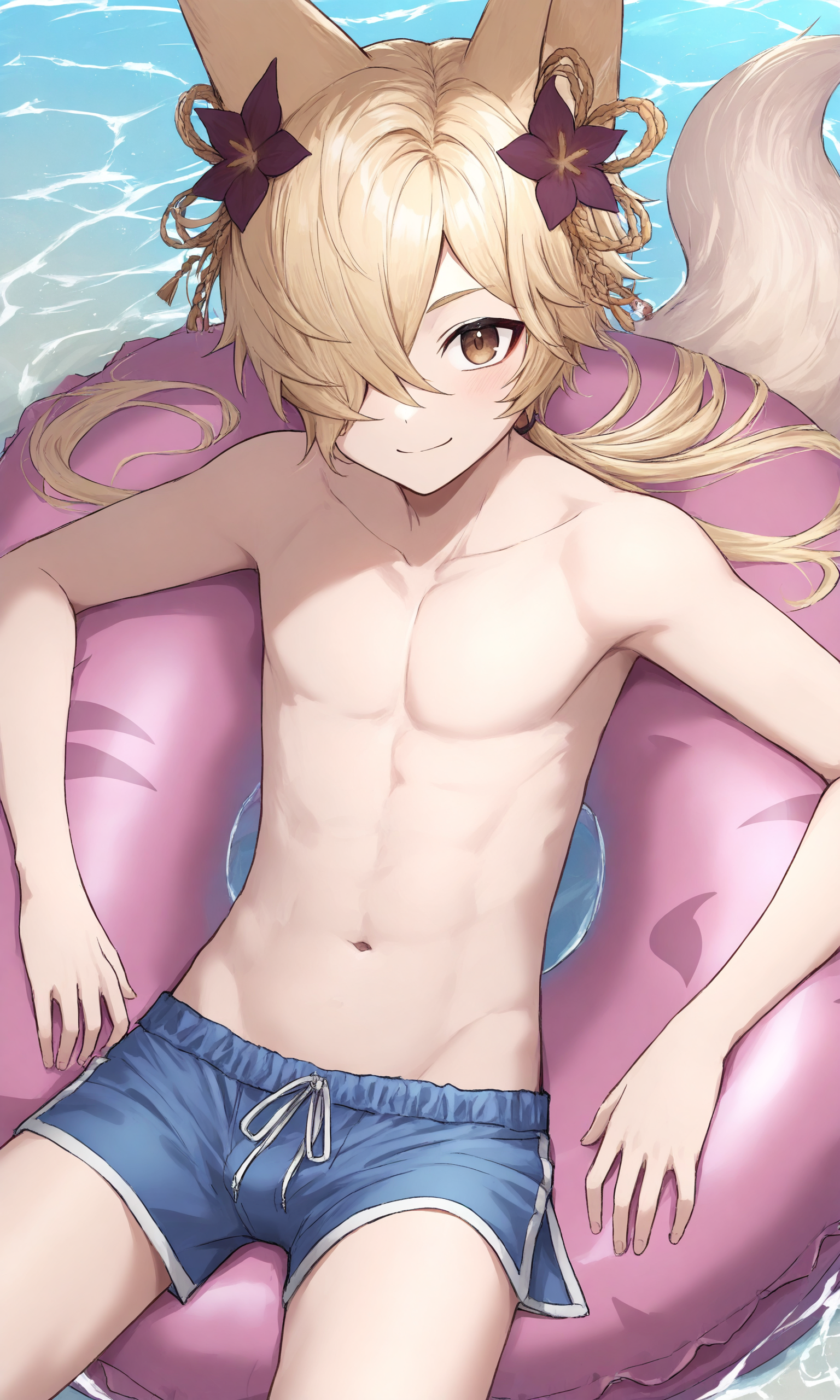 masterpiece, best quality, high resolution, absurdres, 1boy, kougrandb, brown_eyes, blonde_hair, long_hair, fox_tail, hair_flower, male_swimmear, shorts, innertube, happy, looking_at_viewer, water, on_back, closed_mouth, navel, sitting, topless_male