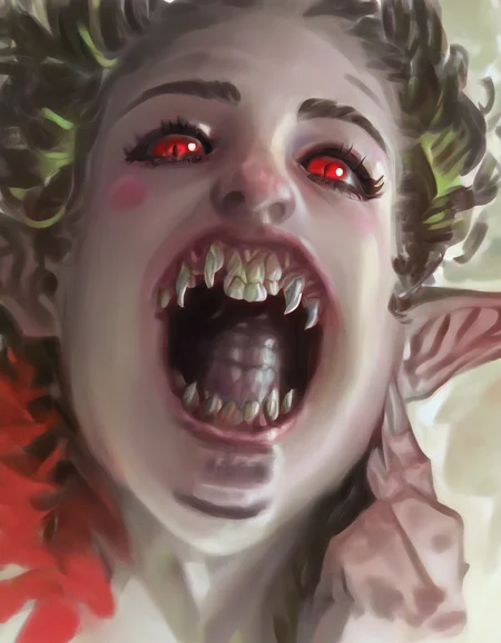 girl,EyesHD,vampire,elf ears,sharp fangs,red eyes,<lora:Painterly_Sketch_Art:1>,pskas4b style,cute face,fairy,<lora:hand 4:1>,Hand,detailed,perfect,perfection,hands,<lora:Clentched_Teeth:1>,teeth,