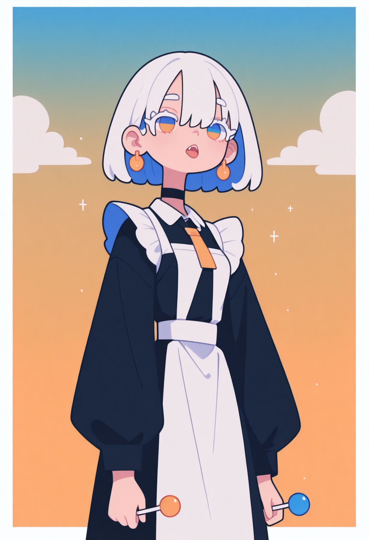 masterpiece, best quality, good quality, very aesthetic, absurdres, newest, 8K, from side  BREAK 
side portrait of stunning girl standing, bangs, white hair, multicolored hair, bobcut hair, 
pastel cyan eyes, choker, hair over one eye, 
small breasts, earrings, ear pierces, 
ultra detailed decorative victorian gossamer clothes, very short tight black maid dress, maid apron,  
simple pastel gradient turquoise  background with extremely thick white border,
BREAK 
half closed eyes, unfocused eyes, 
subtle fangs peeking out from slightly parted lips, tongue loosely hanging out,
distant gaze, emotionless look, looking away, uneven eyes,  white thick eyelashes, white long eyelashes,
(holding a lollipop with right hand, licking a lollipop),
(storming), strong wind, cloudy, 
ultra-realistic, Flatline, Flat vector illustration, haiz_ai, no lineart, no outline,  rain,
heavy-rain, modern fence in background, clouds, very smoky,
<lora:Rain (Illustrious) v1:0.5> <lora:ponyv6_noobE11_2_adamW:0.25> <lora:haiz_ai_illu:0.8> <lora:flatline:1.65>