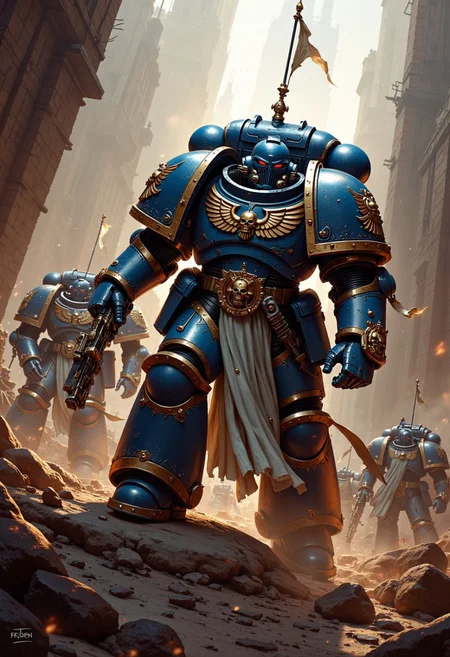 UltraM40k Uriel Ventries attacking a breach with his platoon of ultramarines warhammer 40k
