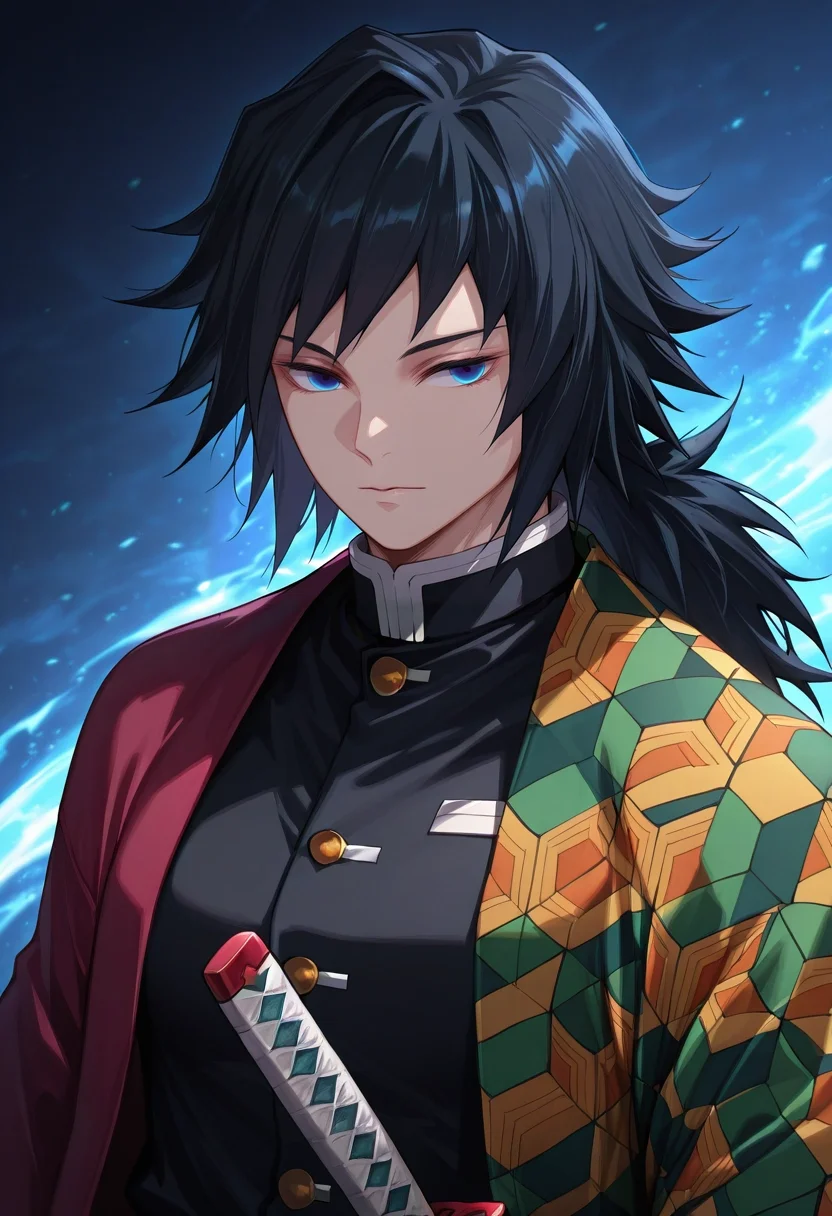 masterpiece, best quality, intricate details, semi-realistic, , 1boy, solo, male focus, <lora:giyuu_tomioka_ilxl:0.96>, giyuu_tomioka, black hair, blue eyes, bangs, long hair, low ponytail, demon slayer uniform, sword, ,