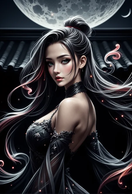 mad-wsps, xslx scribble, detailmaximizer. A medium close-up of a stunning young Asian woman, captured from her shoulders up as she gracefully dances under the full moon. Her delicate, smoky makeup enhances her deep green eyes, giving them an otherworldly glow, while the moonlight accentuates the red shimmer in her deep black hair. Her hair is styled in a traditional Chinese manner, with part of it pinned up and the rest flowing freely. The ornate details of her black dress, adorned with subtle white embroidery along the collar and sleeves, are visible. Behind her, the decorative eaves of the palace rooftop are highlighted by the soft moonlight, adding to the spiritual and mystical atmosphere., <lora:RealisticAnimeFlux_v2.safetensors:1.0:1.0> <lora:Wisps_of_Light_FLUX.safetensors:0.8:0.8> <lora:scribble-flux-v1.safetensors:1.0:1.0> <lora:aidmaImageUpgrader-FLUX-V0.1.safetensors:0.5:0.5>