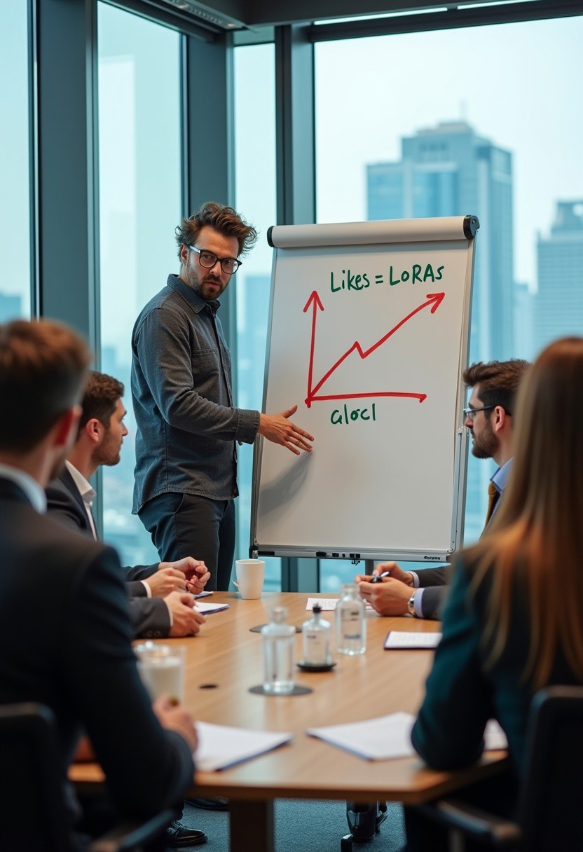 The scene is a realistic interior photo of a corporate conference room in a high-rise building, with a cityscape outside the window in the background on the right. The focus of the scene is a man with a serious expression who is standing next to a white board and gesturing to a graph written in red marker, with the text “Likes = LoRAs” written in green marker next to the chart. The man is dressed casually, with messy hair and horn-rimmed glasses. A diverse group of people wearing business attire sit around the conference room table. The man at the whiteboard is in focus, and the people in the foreground at the conference table are not in focus.