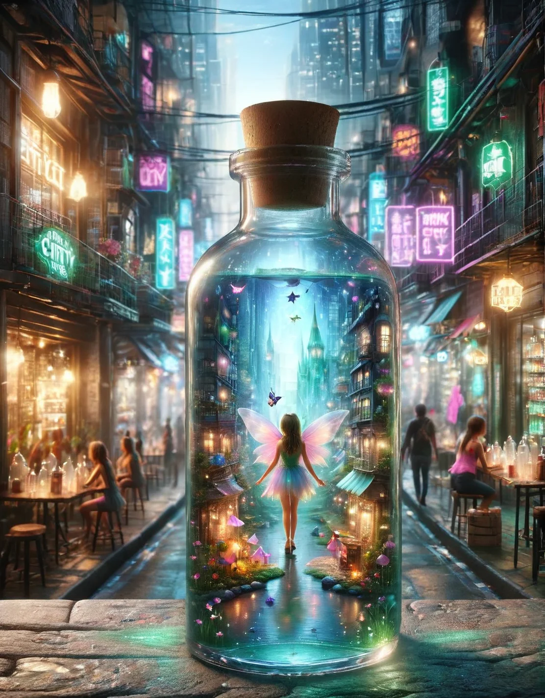 ais-bttl, inside bottle fairy, outside bottle city street <lora:ais-bttl-sdxl:1>