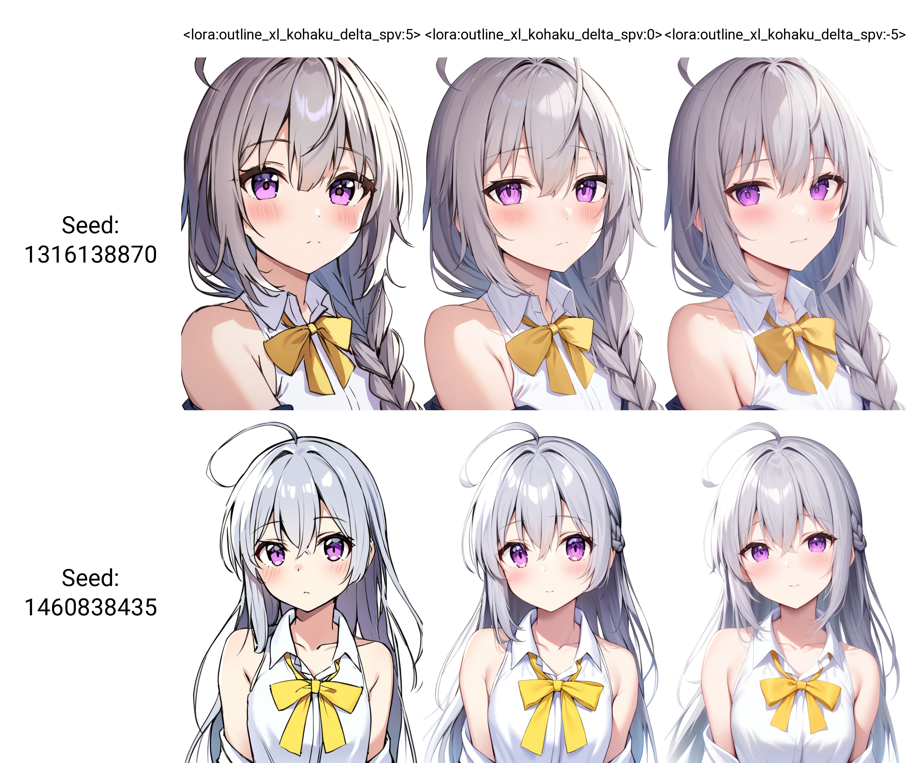 1girl,solo,long hair,looking at viewer,blush,bangs,simple background,white background,ribbon,hair between eyes,bare shoulders,closed mouth,purple eyes,collarbone,white shirt,upper body,ahoge,grey hair,open clothes,collared shirt,bowtie,off shoulder,sleeveless shirt,single braid,yellow bow,
masterpiece,best quality,absurdres,   <lora:outline_xl_kohaku_delta_spv:5>,