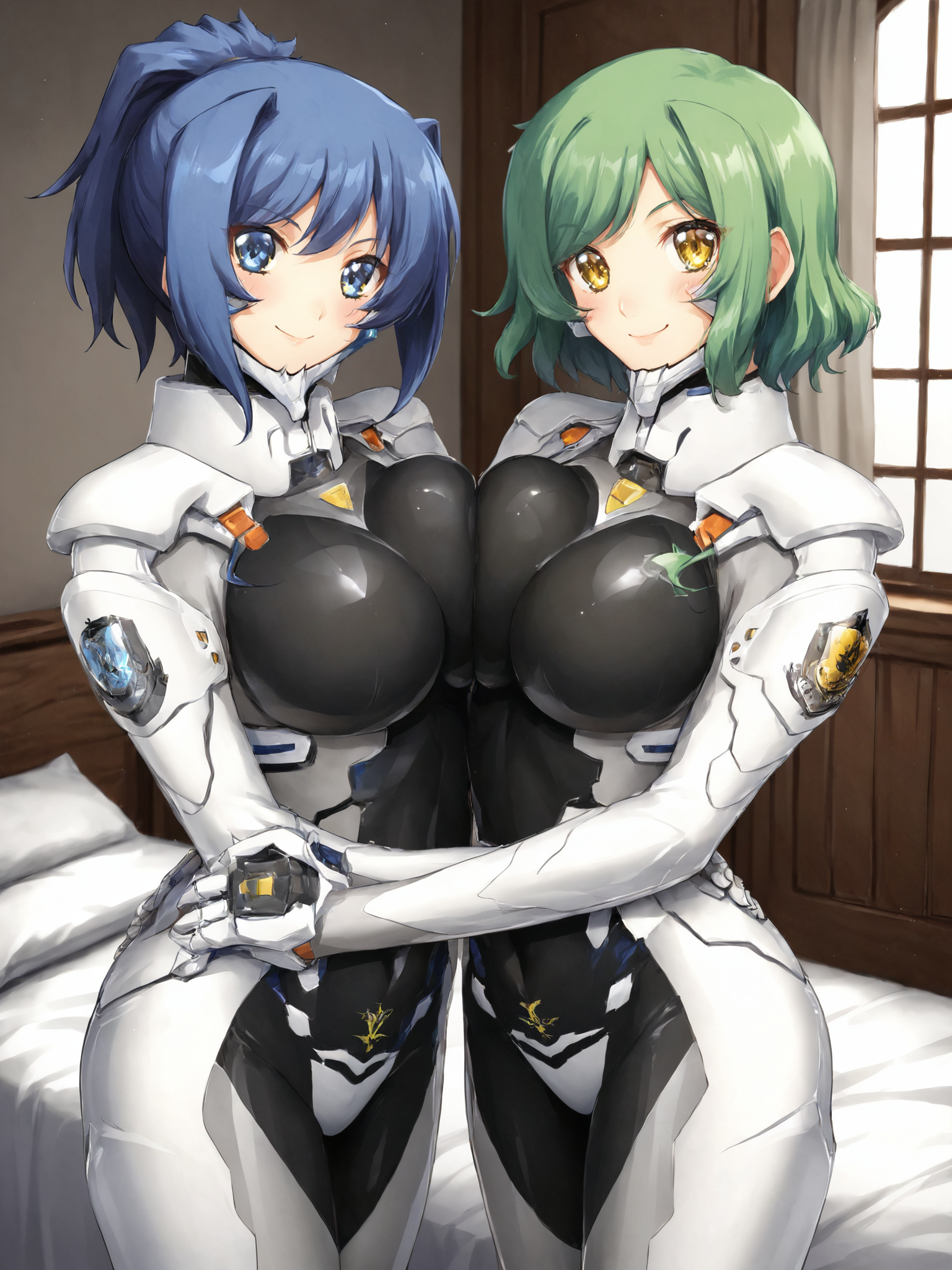 score_9, score_8_up, score_7_up, zPDXL, zPDXLpg, <lora:offset_0.2:0.1>, <lora:spo_sdxl_10ep_4k-data_lora_webui:1>, 2girls, germanfortifiedsuit, <lora:German_Fortified_Suit_v2:1>, indoors, bedroom, bed, symmetrical docking, hug, looking at viewer, blush, smile, standing
helgarose von falkenmayer, blue hair, blue eyes, ponytail, large breasts, short hair
lunateresia von wizleben, green hair, yellow eyes, medium hair, swept bangs, large breasts