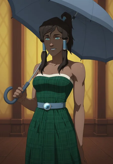NeWiStyle, Korra, hair tubes, 1girl, plaid clothes, plaid dress, brown dress, green dress, strapless dress, umbrella