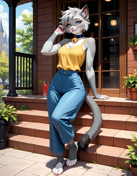 masterpiece, best quality, very aesthetic, absurdres,
outdoors, casual, 
full body, posing, 
seductive smile, parted lips, long eyelashes,
<lora:Nixuelle_v01_NAIXL:1>
Nixue11e,1girl,solo,furry,furry female, cat girl, cat ears, short hair, grey hair, blue eyes, round eyewear, snout, animal nose, collar, neck bell, body fur, two-tone fur, grey fur, white fur, cat tail,
