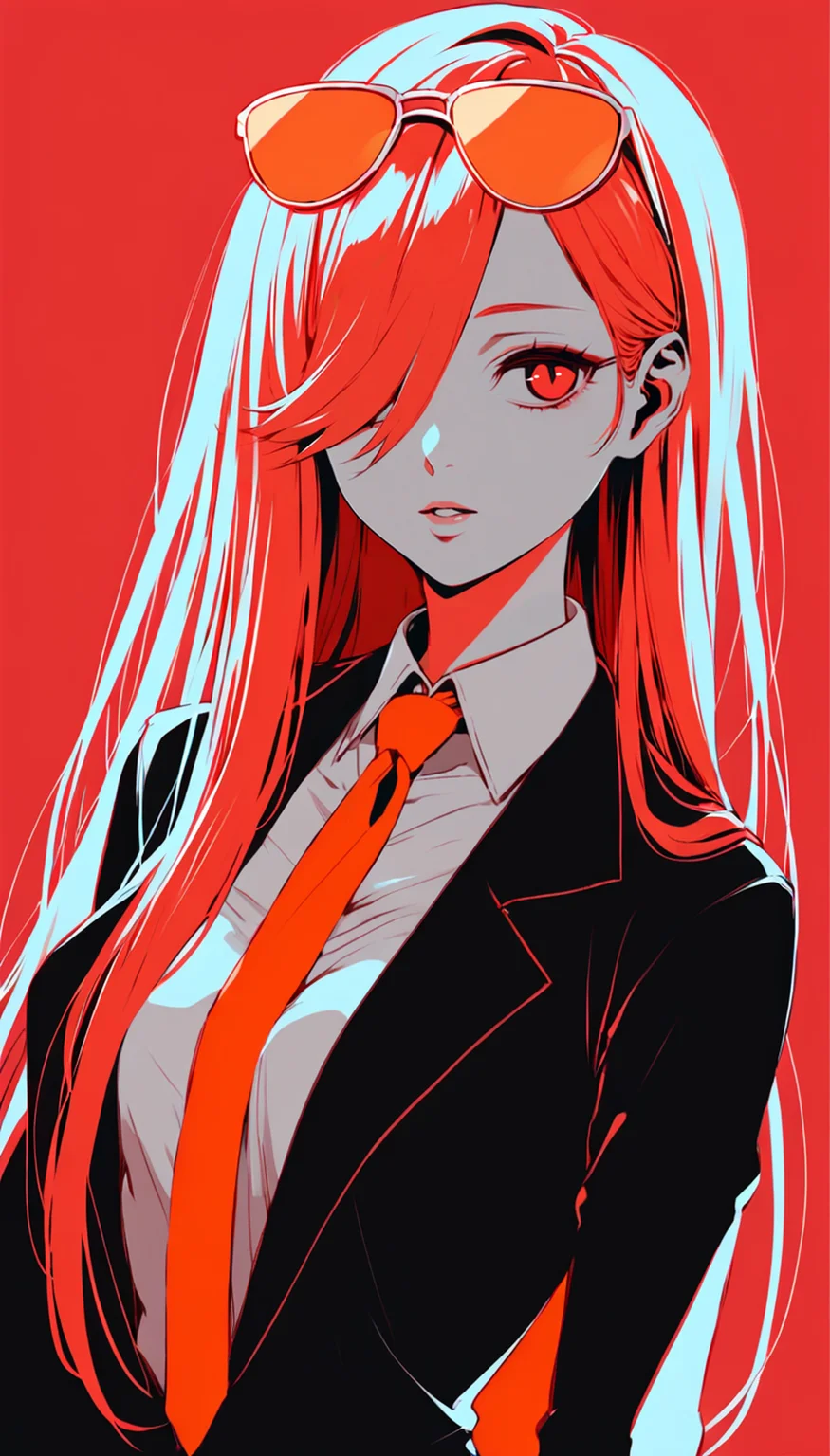 [red|gray],solo
1girl,very long hair,red hair,straight hair, swept bangs, long bangs, hair over one eye, red eyes, jitome, narrowed eyes, medium breasts, (collared shirt, necktie, black suit:1.1), upper body, (dutch angle:1.3), contrapposto, pose, parted lips, skinny, 
(limited palette, flat color:1.3), red background, simple background, orange sunglasses on head,
[realistic,3d::0.1],[monochrome::0.1]
score_9, score_8_up, score_7_up,score_6_up,best quality, hires, retro artstyle, 
<lora:Limited_palette-Pony:0.3>,<lora:Fixhands_anime_bdsqlsz_V1:1>