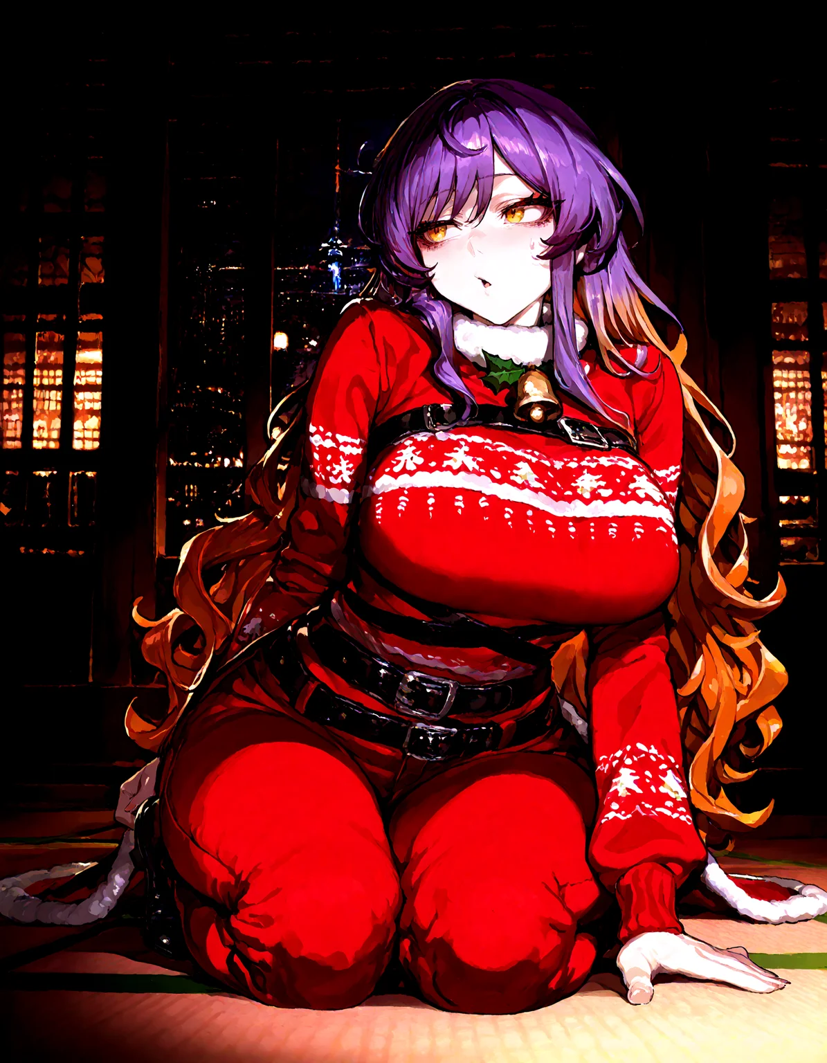 1 girl,  hijiri_byakuren, alternate_costume , bell ,belt ,black_belt ,breasts, brown_hair,gradient_hair,huge_breasts ,long_hair ,multicolored_hair ,neck_bell, purple_hair ,santa_costume ,solo, yellow_eyes,christmas_sweater, wavy_hair, indoors, dark, night, full body,
,Fishine, munakata_(sekimizu_kazuki),dekosukentr,kizuki_aruchu ï¼ireadingï¼kubo_tite_(style) ,
ï¼masterpiece, best quality, newest, absurdres, highres,
<lora:illustrious_noobai_epsilon_pred_1_best_quality_v1:0.6> ,<lora:illustrious_noobai_epsilon_pred_1_masterpieces_v1:0.6>, <lora:illustrious_noobai_epsilon_pred_11_very_aesthetic_v1:0.6>, <lora:ponyv5_noobV065S_1_adamW:0.6>, <lora:add-detail-xl:0.5>, <lora:GEN(illust) 0.2v:0.6>, <lora:USNR STYLE_XL_loha:0.6>, <lora:cfg_scale_boost:0.4>, <lora:christmas_sweater:0.8>