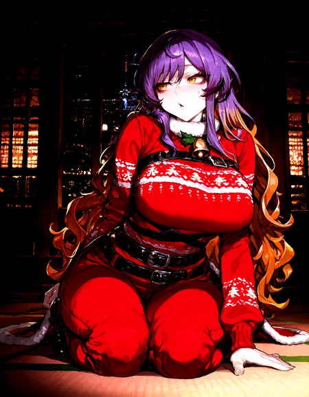 1 girl,  hijiri_byakuren, alternate_costume , bell ,belt ,black_belt ,breasts, brown_hair,gradient_hair,huge_breasts ,long_hair ,multicolored_hair ,neck_bell, purple_hair ,santa_costume ,solo, yellow_eyes,christmas_sweater, wavy_hair, indoors, dark, night, full body,
,Fishine, munakata_(sekimizu_kazuki),dekosukentr,kizuki_aruchu ï¼ireadingï¼kubo_tite_(style) ,
ï¼masterpiece, best quality, newest, absurdres, highres,
<lora:illustrious_noobai_epsilon_pred_1_best_quality_v1:0.6> ,<lora:illustrious_noobai_epsilon_pred_1_masterpieces_v1:0.6>, <lora:illustrious_noobai_epsilon_pred_11_very_aesthetic_v1:0.6>, <lora:ponyv5_noobV065S_1_adamW:0.6>, <lora:add-detail-xl:0.5>, <lora:GEN(illust) 0.2v:0.6>, <lora:USNR STYLE_XL_loha:0.6>, <lora:cfg_scale_boost:0.4>, <lora:christmas_sweater:0.8>