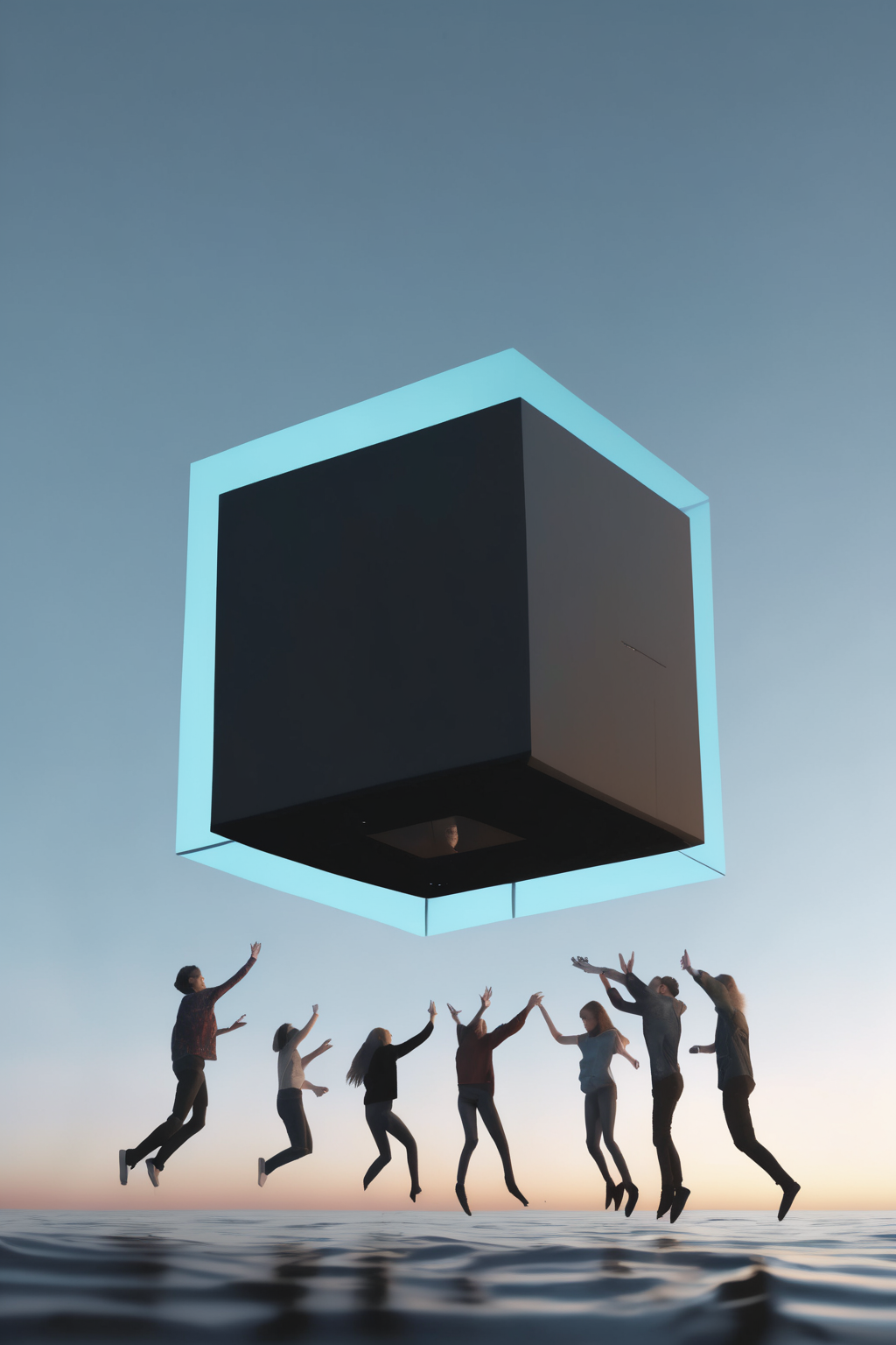 <lora:Levitating Cube:1>Levitating Cube - a group of friends taking turns trying to touch a floating cube