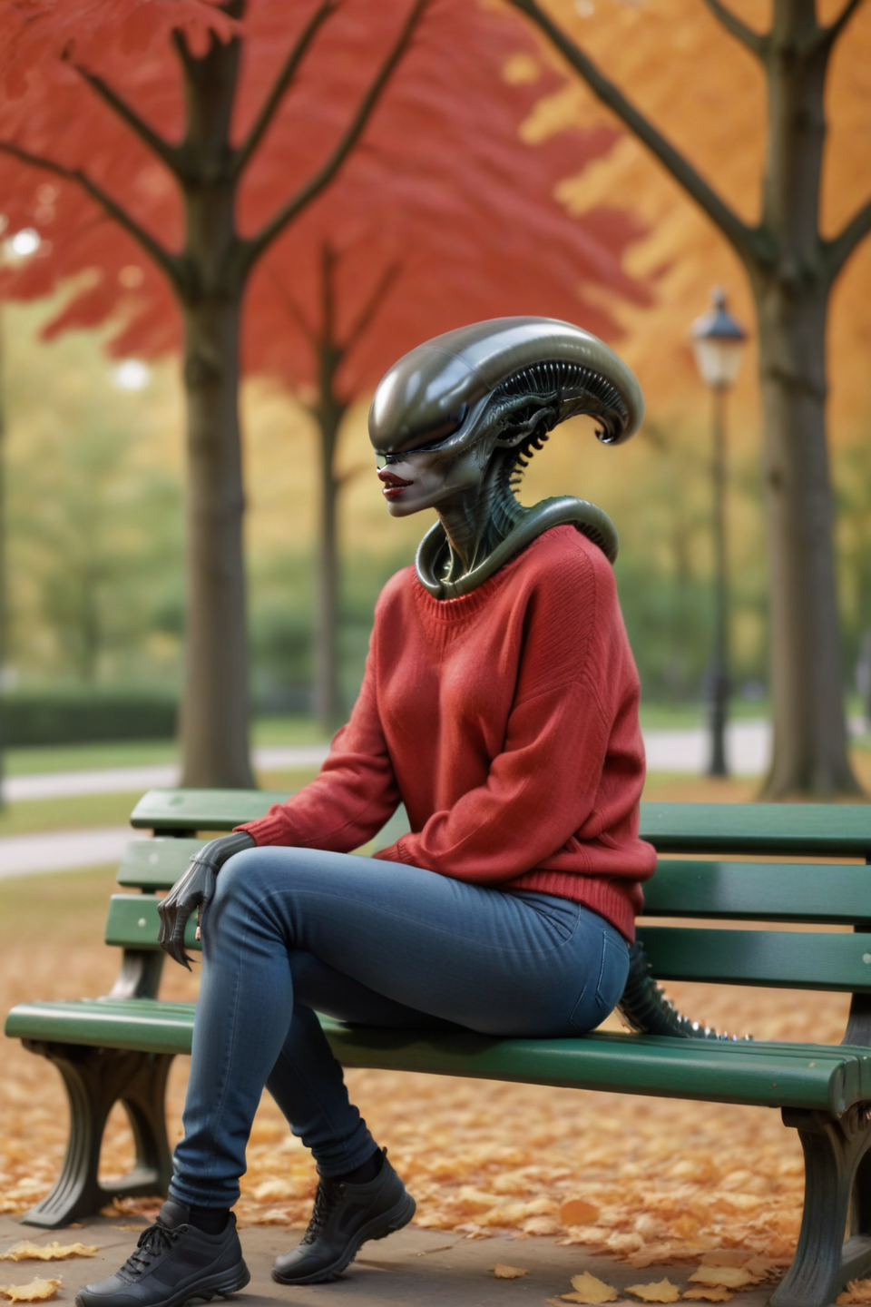 female xenomorph sitting on a green park bench in red sweater and jeans, <lora:female_xenomorph_sdxl_V2:0.75> lips, (tail up:1.5), daylight, autumn trees and leaves, wide shot, cinematic, full body, summer
