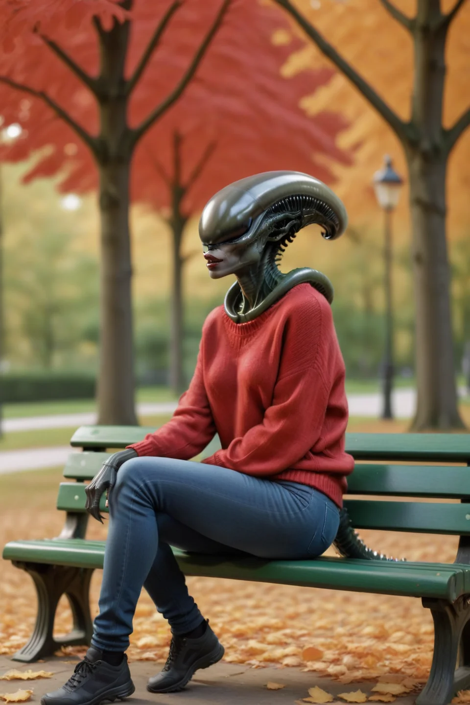 female xenomorph sitting on a green park bench in red sweater and jeans, <lora:female_xenomorph_sdxl_V2:0.75> lips, (tail up:1.5), daylight, autumn trees and leaves, wide shot, cinematic, full body, summer
