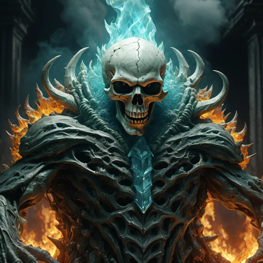 ((best quality)), ((masterpiece)), ((realistic,digital art)), (hyper detailed),DonMH311XL, monster,skull,fire,demon, Substantial Aquamarine Columnar Linear-lanceolate plant, Fleshy root , octane rendering, raytracing, volumetric lighting, Backlit,Rim Lighting, 8K, HDR, <lora:HellAI_XL-000011:0.8>