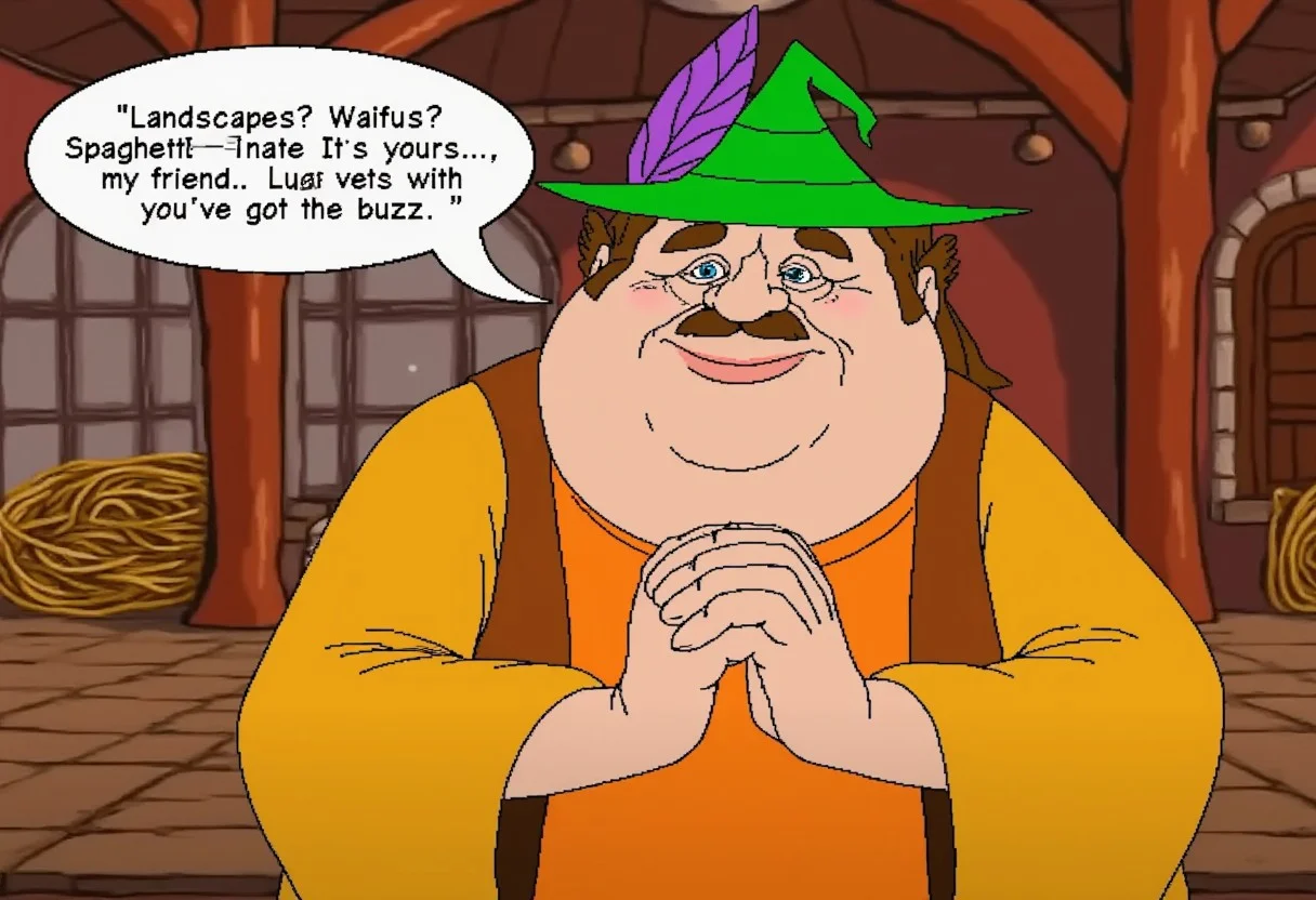 (morshu the shopkeeper with a speech bubble saying "Landscapes? Waifus? Spaghetti? It's yours, my friend. As long as you've got the buzz"), fat, cleft chin, smile, green hat with a purple feather, brown hair, brown moustache, brown vest, orange tunic, clasped hands, 2D, flat shading, flat color, jagged lines, furrowed brow, tight-lipped smile, medieval fantasy shop background, zeldacdistyle