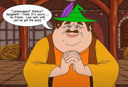 (morshu the shopkeeper with a speech bubble saying "Landscapes? Waifus? Spaghetti? It's yours, my friend. As long as you've got the buzz"), fat, cleft chin, smile, green hat with a purple feather, brown hair, brown moustache, brown vest, orange tunic, clasped hands, 2D, flat shading, flat color, jagged lines, furrowed brow, tight-lipped smile, medieval fantasy shop background, zeldacdistyle