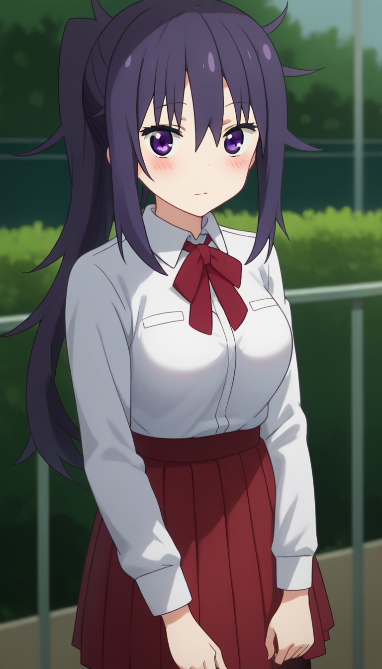 score_9,score_8_up,masterpiece,best quality,correct anatomy,anime_source,1girl,solo,perfect eyes,perfect arms,perfect legs,perfect face,outdoors,upper body,(portrait:1.5),looking at viewer,facing viewer,dazed,blush,Motoba Kirie,purple hair,messy long hair,ponytail,sidelocks,hair between eyes,bangs,purple eyes,school uniform,white shirt,collared shirt,dress shirt,red bowtie,neck ribbon,red ribbon,long sleeves,medium breasts,shirt tucked in,miniskirt,red skirt,pleated skirt,thighs,black pantyhose,loafers,brown footwear,<lora:Motoba Kirie(huc)-Pony:1.8>,
