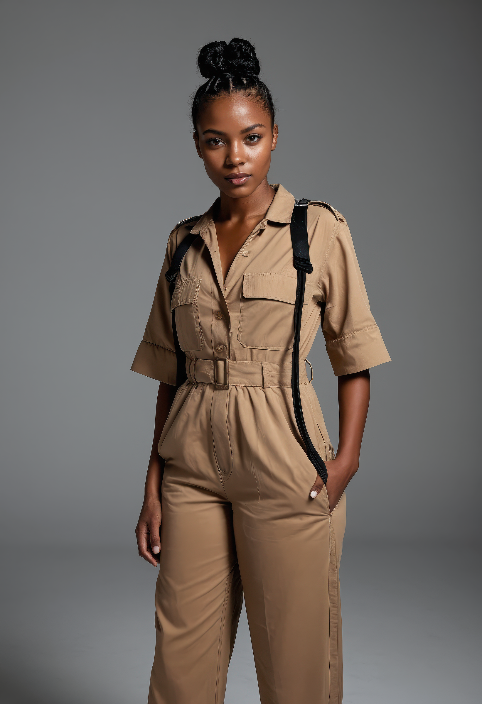 sdxl_lenruadi, cinematic photo, wearing a utility jumpsuit, perfect bantu knot hair, in studio rim lighting, editorial shot with sculptural shadows and high-gloss textures