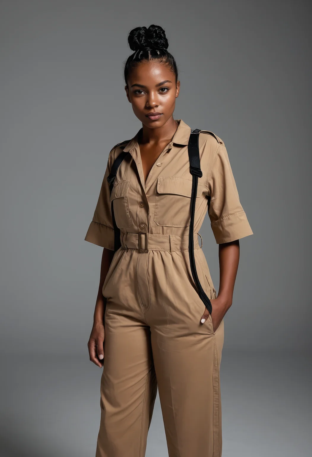 sdxl_lenruadi, cinematic photo, wearing a utility jumpsuit, perfect bantu knot hair, in studio rim lighting, editorial shot with sculptural shadows and high-gloss textures