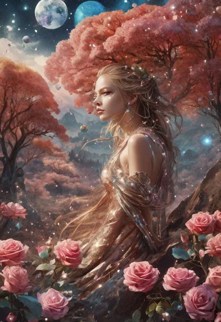 ral-crztlgls, The aura of the cosmic crystal flower garden is breathtaking. 1girl. The gusts of cosmic wind are dynamic, and the trees in the garden have a shadowy feel. The plants in the garden are sinister and have intricate details. The whirlwinds and sandstorm create a cosmic landscape. The sky is cloudy and the solitude is overwhelming. The fierce wind blows silver blood splatters across the landscape. The rose petals and lunar eclipse add a mystical touch to the scene. The menacing aura of the dark animated flora is ominous and mysterious. The geometrical cosmic patterns and detailed background create a close-up image that is sexy and captivating. The light blue tones add a touch of elegance to the overall composition.