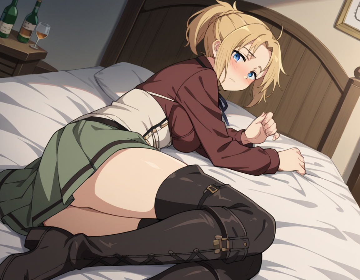 score_9, score_8_up, score_7_up, source_anime,
zenithgreyrat, <lora:zenith-greyrat-s1-ponyxl-lora-nochekaiser:1>,
zenith greyrat, short hair, blonde hair, blue eyes, ponytail, ahoge,
skirt, shirt, thighhighs, long sleeves, ribbon, boots, black thighhighs, thigh boots, brown shirt,
indoors, bed, bed room, on side, blush, drunk,
looking at viewer, dutch angle, cowboy shot,