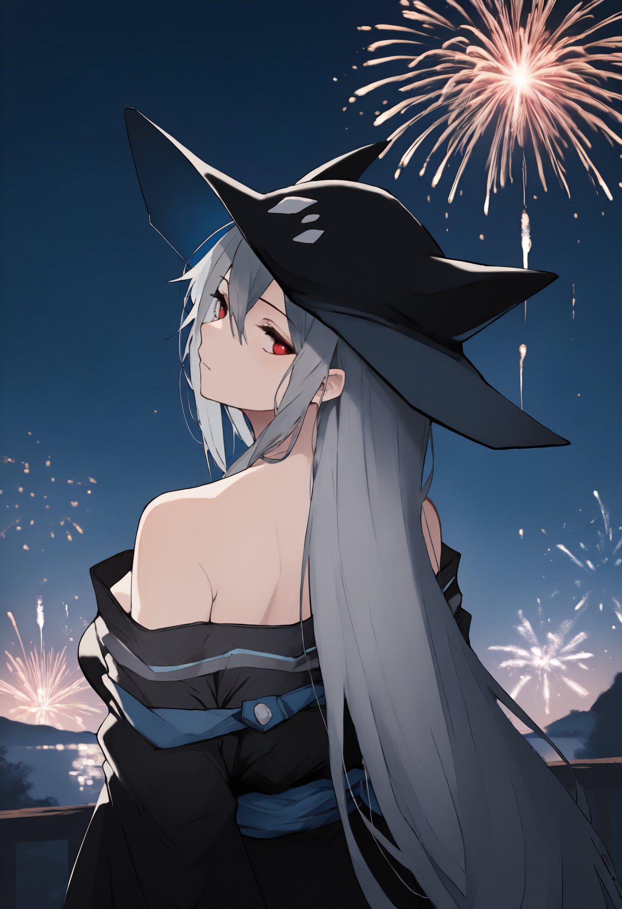 masterpiece, best quality, newest, anime, from behind, solo, 1girl, sk4didef, expressionless, looking back, long hair, grey hair, hair between eyes, black headwear, hat, red eyes, japanese clothes, black kimono, off shoulder, blue sash, bare shoulders, outdoors, night, fireworks
<segment:yolo-Anzhc Face seg 640 v2 y8n.pt,0.4,1//cid=11>