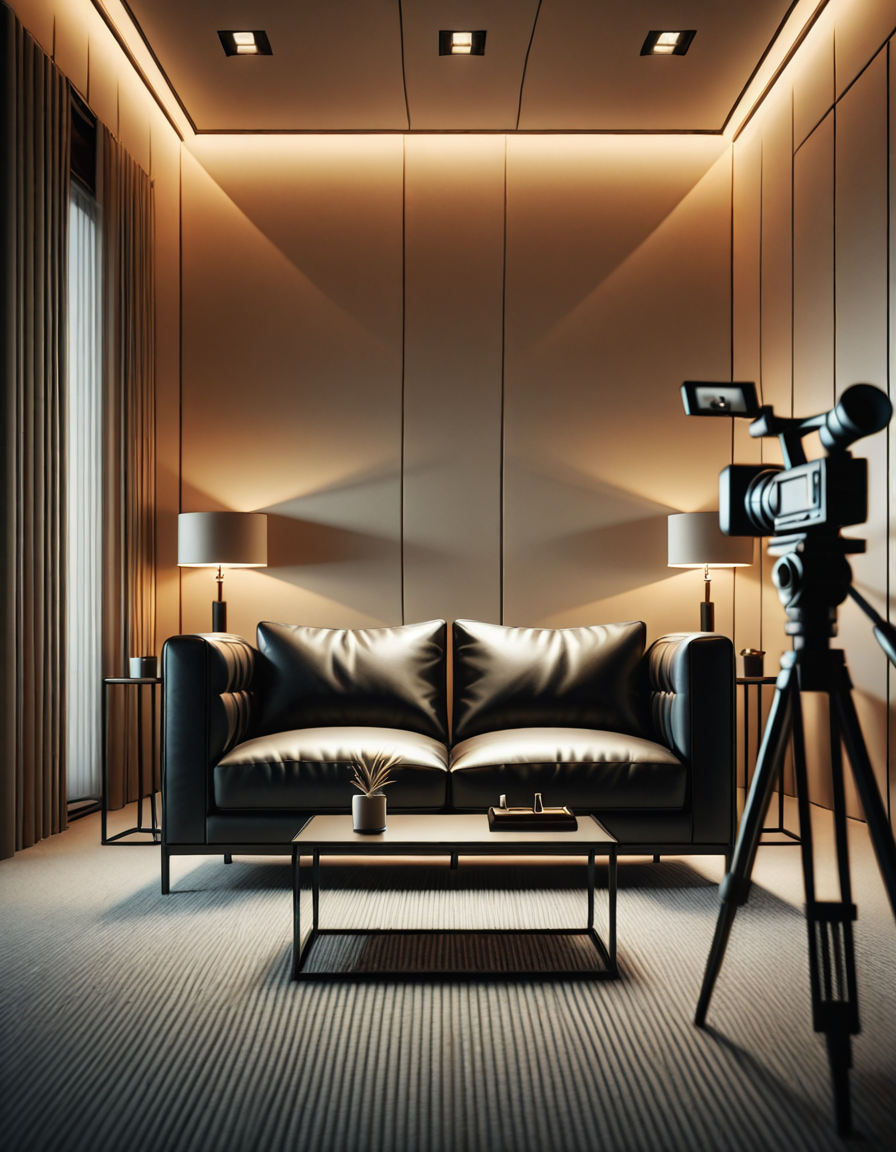 A high-quality, realistic photograph of a modern casting office interior featuring a simple black leather couch positioned against a plain white wall. The couch is sleek, clean, and minimalist in design, with smooth cushions and subtle stitching details. In front of the couch is a small, low wooden coffee table with a few neatly stacked magazines and a glass of water. To the side, there's a professional camera on a tripod aimed at the couch, with softbox lights set up to provide balanced, diffused lighting, eliminating harsh shadows. The floor is covered with light gray carpet, adding a soft texture to the scene. The atmosphere is quiet and neutral, resembling a professional interview space. The overall composition is centered and symmetrical, with a clear focus on the furniture and equipment. No people are present. The photograph has a natural daylight tone coming from an unseen window, giving a soft, ambient glow to the room.
<lora:SDXLFaeTastic2400:0.4> <lora:extremely_detailed:0.4> extremely detailed, <lora:C4st1ng_c0uch-i:1>,C4st1ng c0uch, Masterpiece,best quality,hi res,8k,hi res,8k,award winning,(sharp focus, intricate, highly detailed),