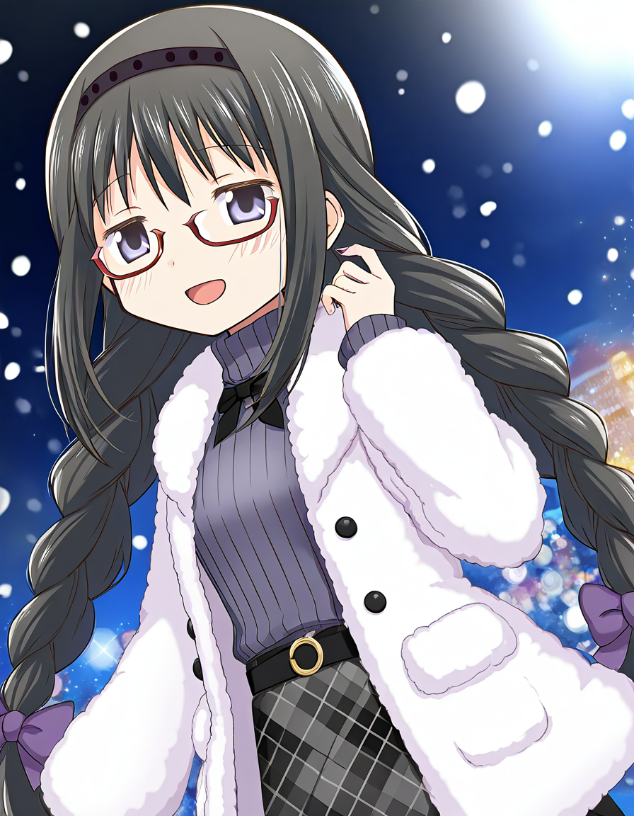 masterpiece, best quality, newest, absurdres, highres, safe, 1girl, akemi homura \(winter ver.\), magia record: mahou shoujo madoka magica gaiden, smile, open mouth, solo, snowing, outdoors, dutch angle, <lora:20241226152250_akemi_homura_noobaiXLNAIXL_vPred10Version:0.7>