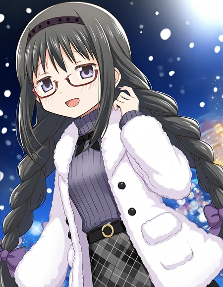 masterpiece, best quality, newest, absurdres, highres, safe, 1girl, akemi homura \(winter ver.\), magia record: mahou shoujo madoka magica gaiden, smile, open mouth, solo, snowing, outdoors, dutch angle, <lora:20241226152250_akemi_homura_noobaiXLNAIXL_vPred10Version:0.7>