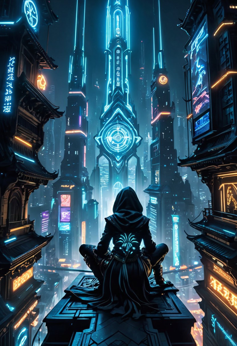 Assasin, A closeup of fantastical image of a assasin false glory, darkness of night fall, Their filled with power and determination, clad in flowing, flowing scarf, wielding an scarf ornate, scarf ornate, as they wield the scarf n a fluid, sword carried behind the body, squatting on top of the building at the end of the clock tower like an assassin, sitting squatting pose, hands touch the ground, squatting all four, action pose, clock tower, from behind view, cyberpunk city, neon city, skindentation, glowing, shiny, scifi, neon lights, intricate artistic color, cinematic light, radiant, vibrant, perfect symmetry, Grayscale, Dramatic spotlight, highly color focused, dynamic motion, very dark,