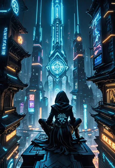 Assasin, A closeup of fantastical image of a assasin false glory, darkness of night fall, Their filled with power and determination, clad in flowing, flowing scarf, wielding an scarf ornate, scarf ornate, as they wield the scarf n a fluid, sword carried behind the body, squatting on top of the building at the end of the clock tower like an assassin, sitting squatting pose, hands touch the ground, squatting all four, action pose, clock tower, from behind view, cyberpunk city, neon city, skindentation, glowing, shiny, scifi, neon lights, intricate artistic color, cinematic light, radiant, vibrant, perfect symmetry, Grayscale, Dramatic spotlight, highly color focused, dynamic motion, very dark,