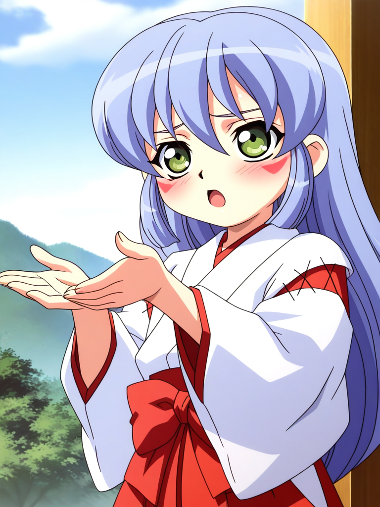 general,highres, ultra-detailed,very aesthetic,best quality ,best hands, BREAK <lora:Nazuna_Onmyou_Taisenki_Ver2.0_IS:0.8>Nazuna, long hair,
1girl, solo, japanese clothes, miko, green eyes, red hakama, long hair, skirt, open mouth, hakama, blue hair, blush, hakama skirt, long sleeves, facial mark,
 kimono