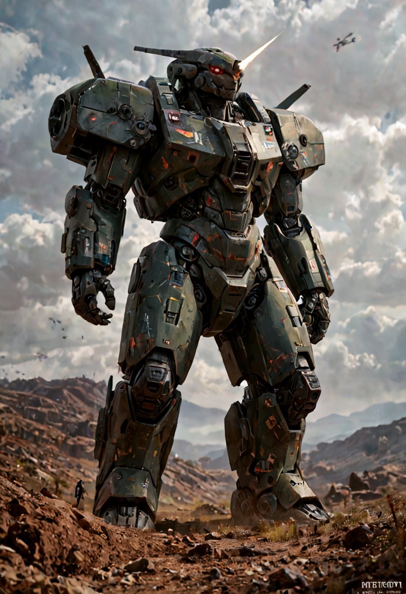 score_9, score_8_up, score_7_up, (masterpiece, best quality, ultra-detailed, realistic), a giant, powerful mecha suit, ready to face a challenging enemy in the midst of a futuristic battle