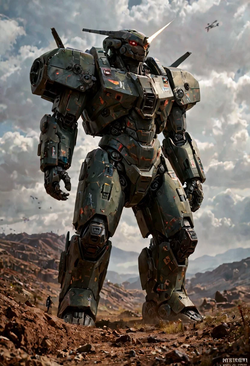 score_9, score_8_up, score_7_up, (masterpiece, best quality, ultra-detailed, realistic), a giant, powerful mecha suit, ready to face a challenging enemy in the midst of a futuristic battle