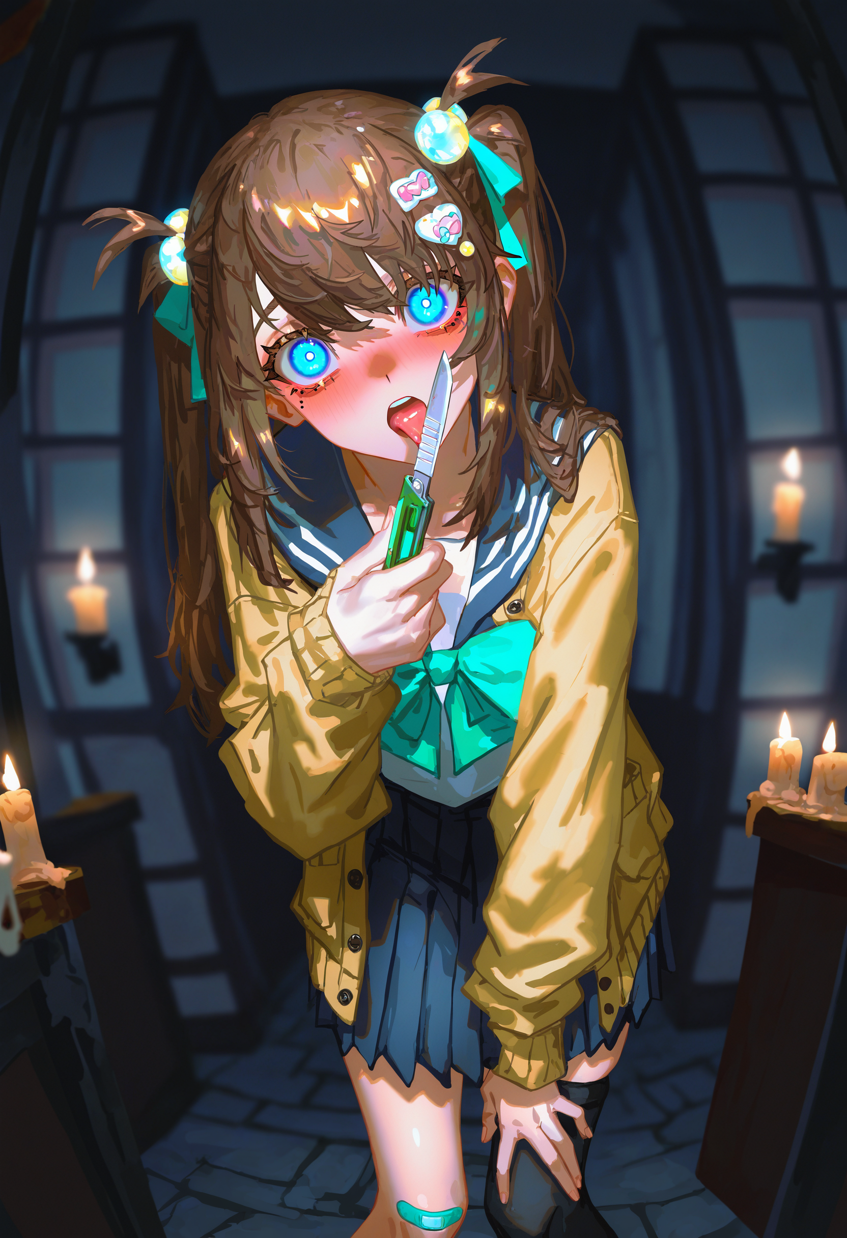 artist:[yoneyama mai|quasarcake],
ultra-detailed painting \(medium\), (yun ling:1.2) (kan liu \(666k\):1.1) (greenteaa:1.1), (cinematic shot:1.2), very awa, masterpiece, highres, absurdres, newest, year 2024, year 2023, vanishing point, depth of field, (perspective:1.2), (fisheye:1.1), leaning forward, edge, cowboy shot, sidelighting, candlelight, foreshortening, (head tilt:1.2),( glowing eyes:1.2) in darkness, holding boxcutter, licking knife, (yandere:1.2), yandere trance, full-face blush, hand on own chest, leaning forward, reaching, bent over, excited, neuro-sama, brown hair, 1girl, blue eyes, long hair, hair ribbon, two side up serafuku, white heart hair ornament, school uniform, yellow cardigan, aqua bow, aqua bowtie, blue skirt, thighhighs, single thighhigh, black thighhighs, uneven legwear, bandaid on knee, asymmetrical legwear, open cardigan detailed background, indoors, dark room, stone floor, stone wall, stone ceiling, torches,
masterpiece, best quality, very awa, absurdres
<lora:noobai_vpred_1_masterpieces_v1:1>