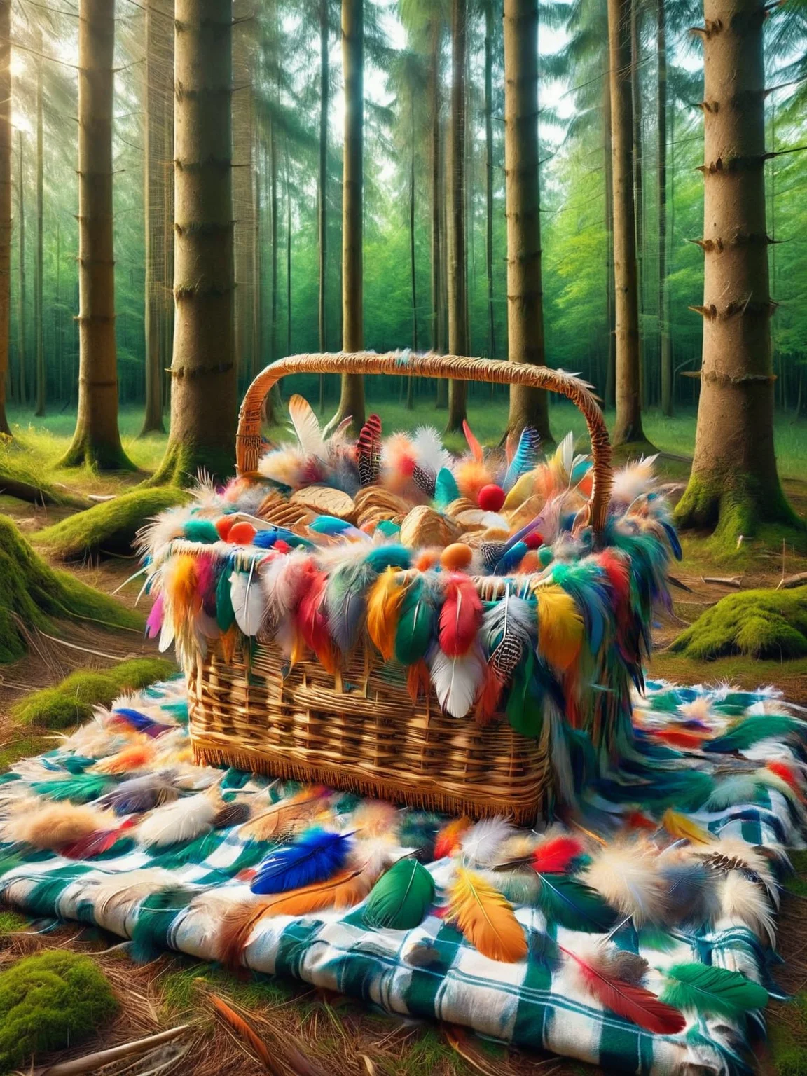 ais-featherz picnic basket, open on a blanket in a sun-dappled forest clearing <lora:Feathers_Glue_SDXL:1>