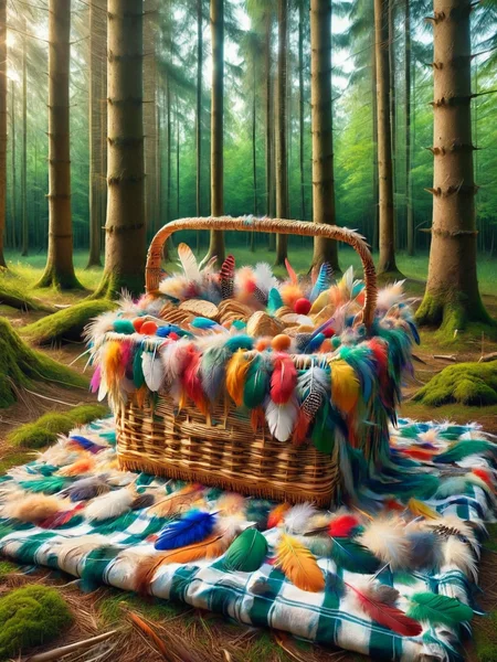 ais-featherz picnic basket, open on a blanket in a sun-dappled forest clearing <lora:Feathers_Glue_SDXL:1>