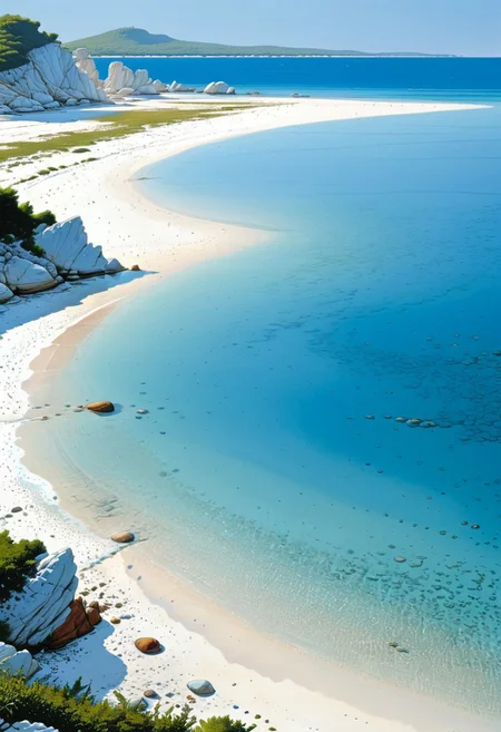 A serene beach with crystal-clear waters and white sands, untouched by humanity, the pristine shore, in the style of Jean Giraud, in the style of Moebius