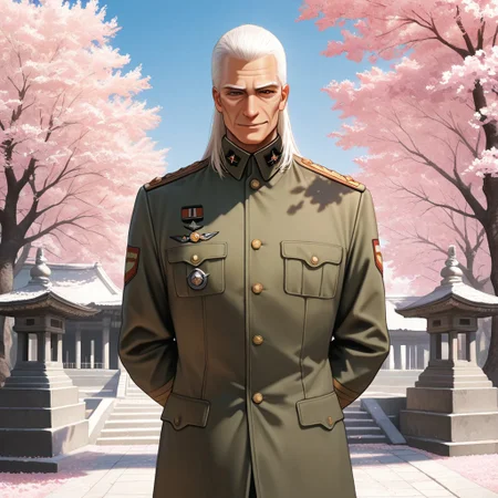 masterpiece, best quality, amazing quality, absurdres, newest, detailed background, definition so sharp, Ultra-HD, 8K cinematic, very awa, impressionate, amazing quality, highres, 
solo, male focus, manly, 
daikakukokujouji, lieutenant_white hair, lieutenant_brown eyes, 1boy, solo, old man, long hair, standing, hands behind back, serene expression,military uniform, sharp, confident posture, temple grounds, cherry blossoms, blue sky, respectful, dignified, composed, watchful, protective, subtle smile