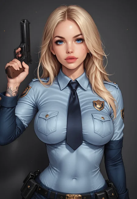 safe_pos, cute adult curvy girl, Police uniform, normal lipstick, sweat, tattoos, looking at viewer, white long hair, good breasts, realistic, hips, flat tummy, cinematic angle, cinematic lighting, fit body, cute face, brightness blue eyes, action shot,
police car on background, outdoor
in a pose with a gun, with big pistol
score_7_up, rating_explicit, Expressive, (upper body:1.75), dynamic pose. ((with big pistol in hand))
(((full-clothed))),
<lora:add-detail-xl:1>
<lora:Dynamic Poses:1>