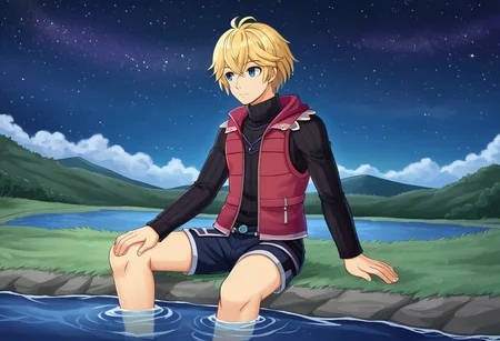 shulk, blond hair, short hair, hair between eyes, blue eyes, looking afar, black turtleneck sweater, long sleeves, red vest, shorts, bare legs, arm support, sitting, feet in water, male focus, solo, plains setting, river, night, starry sky, cloud, aerial viewpoint, verybadimagenegative_v1.3