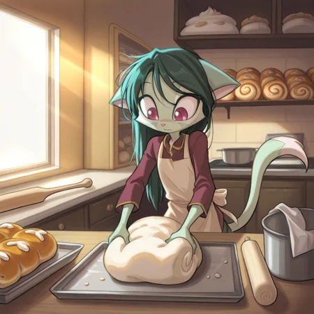 score_9, score_8_up, score_7_up,lilith_calah,
1girl,solo,furry,tail,dark green hair, source_furry,
,<lora:lilith_calah_illustrious:0.8>,
child, kid,
covered in dough, covered in flour, kneads dough on a flour-dusted counter, sunlight streaming through café windows. A kitten bats at a rolling pin, and trays of pastries line the shelves, baking, dough, flour, kitten, rolling_pin, countertop, pastry, sunlight, apron, messy_hair, bow, indoors, warm_lighting, cozy_atmosphere