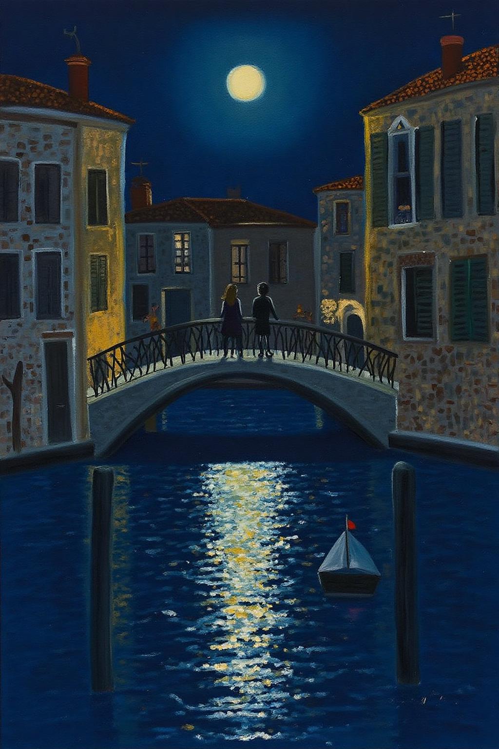 mawo1 painting
A painting depicting a serene, dreamy night scene in a stylized, abstract manner. 
The artwork depicts a picturesque canal in Venice, Italy. The painting showcases a picturesque, romantic scene with a golden, sunlit atmosphere. There are people walking over a bridge across the canel. There are buildings in the background. In the foreground, the calm, shimmering water reflects the warm, golden light, creating a mesmerizing pattern of rippling waves.
 <lora:mawo1_cap_d6a3e12:1.0><lora:821409102619064718:0>