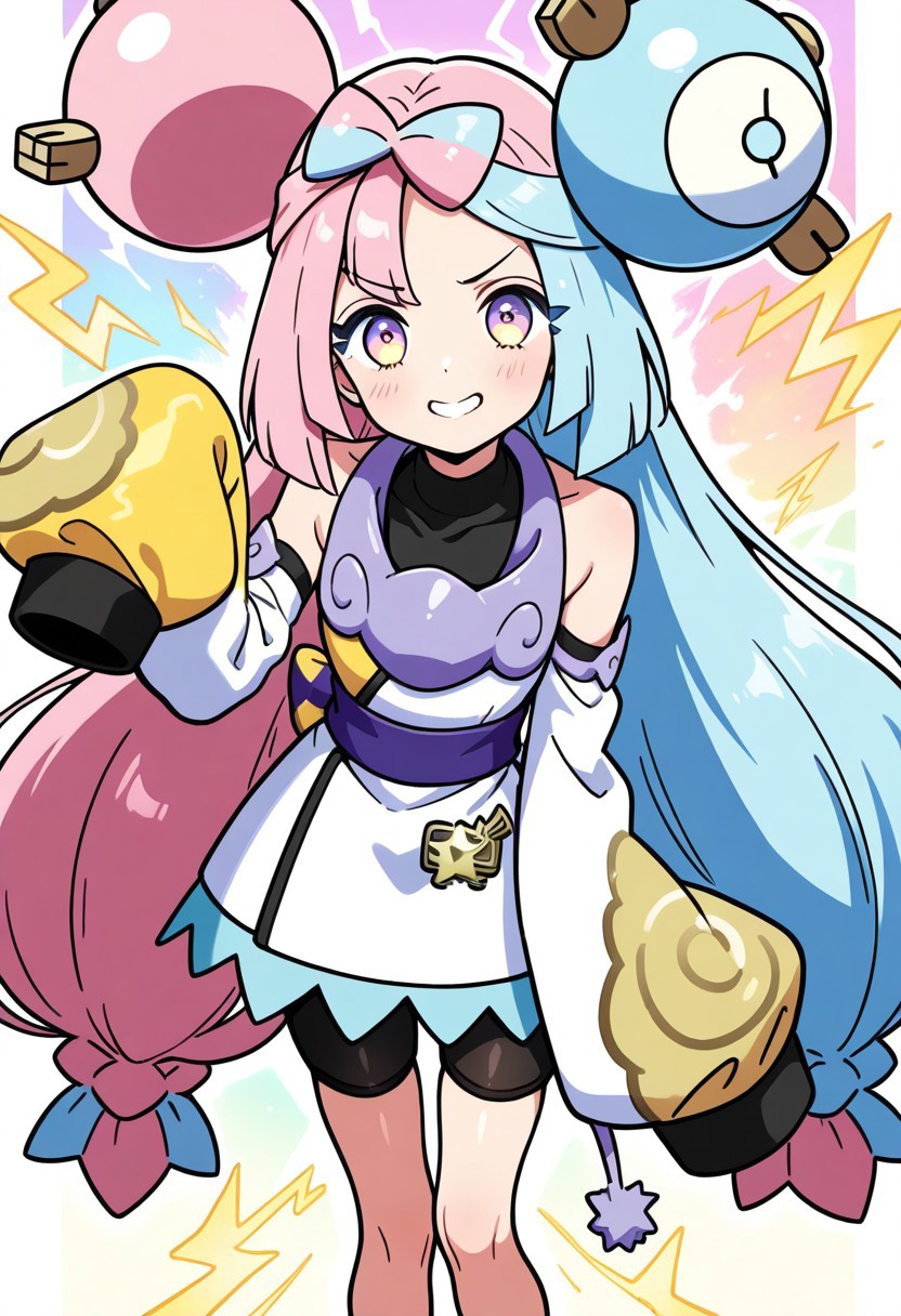 2d, masterpiece, best quality, amazing quality, 1girl, solo, close-up, standing, smile, upper body, leaning_forward, looking at viewer, multicolored background, sparkle, rainbow background, colorful background, electricity, sparks, sygiono, def colors, purple hair, blue hair, purple eyes, bow-shaped hair, low-tied long hair, character hair ornament, black shirt, sleeveless dress, two-tone dress, white dress, yellow dress, detached sleeves, yellow sleeves, white sleeves, purple collar, bare shoulders, sleeves past fingers, oversized clothes, purple sash, black shorts