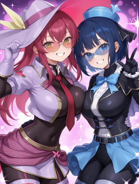 phantom thief,2girls,smile,large breasts,sparkle,ear piercing,looking at viewer,grin,evil twin ki-sikil,red necktie,purple skirt,purple large hat,purple gloves,purple cropped jacket,orange-tinted eyewear,black bodystocking,evil twin lil-la,blue bowtie,white frilled shirt,black frilled skirt,black jacket,blue mini hat,blue-tinted eyewear,black gloves,
masterpiece,best quality,amazing quality,very aesthetic,absurdres,newest,<lora:Evil Twin illuXL v1:0.7>,
