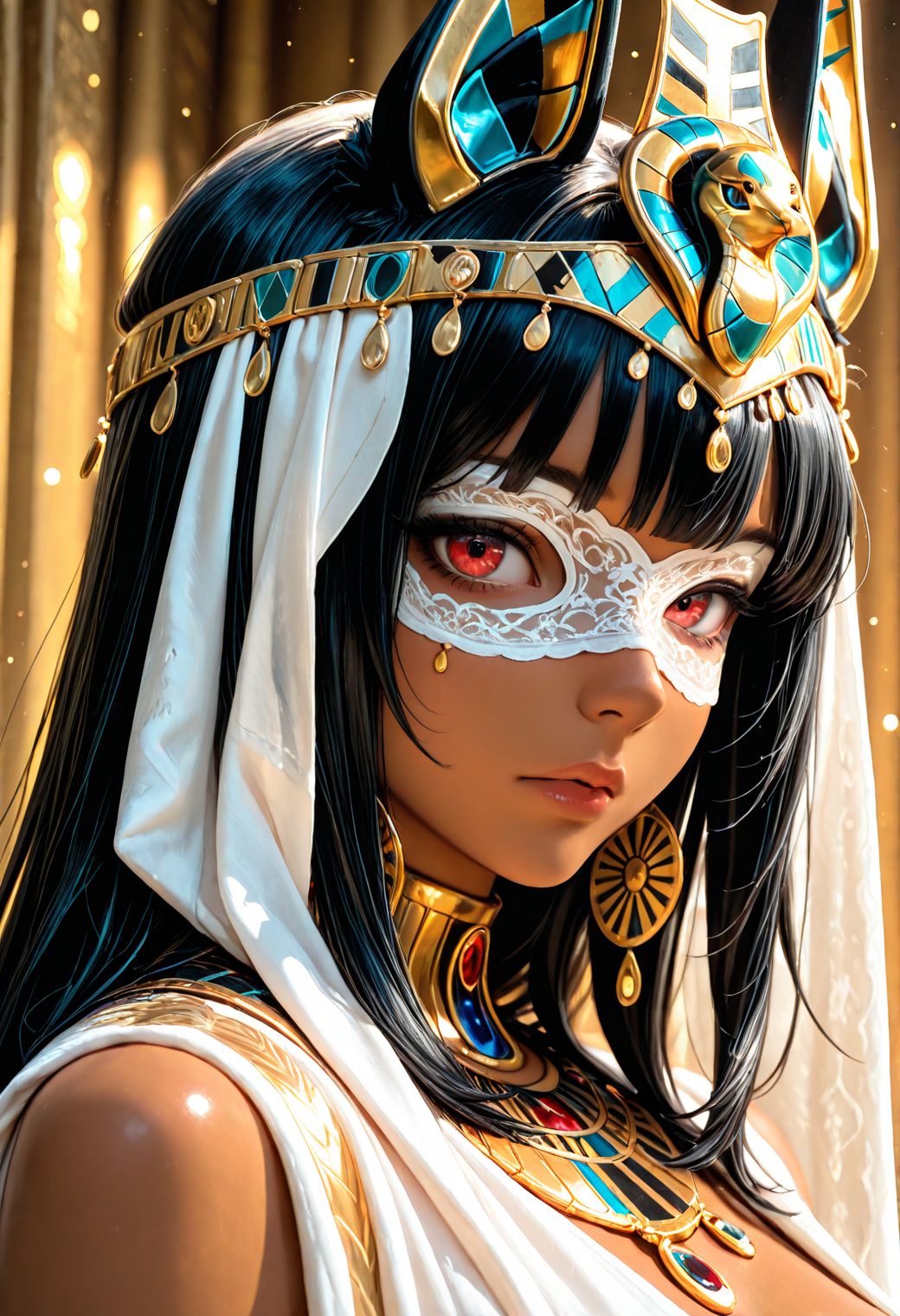 SmoothNoob_Quality, 1girl. a close-up portrait of a woman with a very stylized, ornate egyptian clothing. The subject has a tan skin and full lips, with red eyes. The eyes are covered by an intricately designed see-through white lace blindfold adorned with gold textures and patterns. She wears an egyptian crown with a white richly textured fabric with gold accents, resembling a veil. Her attire includes a robe with gold details and colorful gems, adding to the royal aesthetic. The background is a subtle, light color, enhancing the focus on the subject's elaborate costume and accessories. looking at viewer. black hair. <lora:Smooth_Booster_v3:0.5>